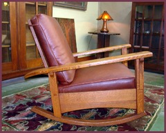 Side view of the reclining Limbert Morris Rocker,  shown in the upright first of three positions.